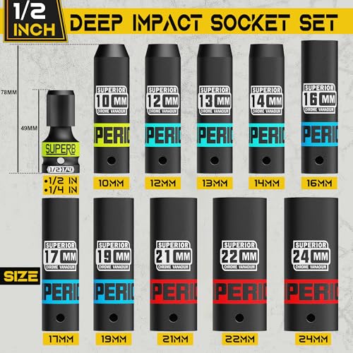 KIRXST Deep Impact Socket Set, 11PCS 1/2 Inch Driver 10mm-24mm Metric Deep Sockets with 1/4'' Hex Shank Socket Adapter, Automotive Trucks Car Tires Tractors Engines Repairing DIY Mechanic Tool 2 KIRXST Deep Impact Socket Set, 11PCS 1/2 Inch Driver 10mm-24mm Metric Deep Sockets with 1/4'' Hex Shank Socket Adapter, Automotive Trucks Car Tires Tractors Engines Repairing DIY Mechanic Tool - Image 2