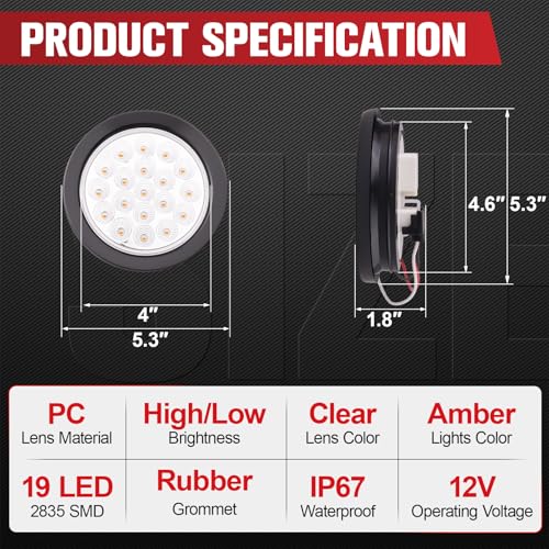 Image of 2PCS 4 Inch 19LED Amber Round Led Trailer Tail Lights,Brake Stop Turn Signal Light w /Grommets,12V,IP67 Waterproof,3-Prong Wire Pigtails