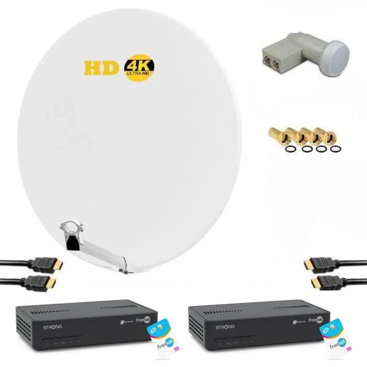 Kit Parabole Satellite HD 4K Fibre Blanche 85cm + Lnb Twin + 2X Récepteurs TV Fransat avec Carte