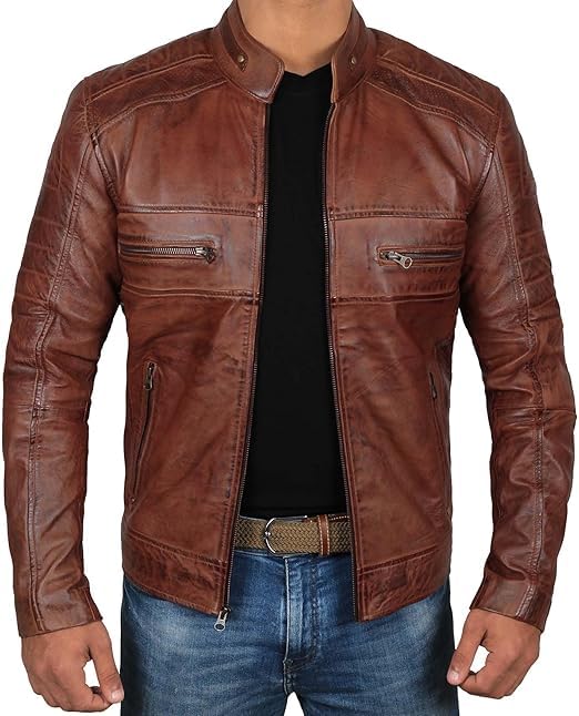 MARK Mens Leather Jacket - Real Lambskin Cafe Racer Motorcyle Style Distressed Leather Jackets For Men BROWN-picture-43