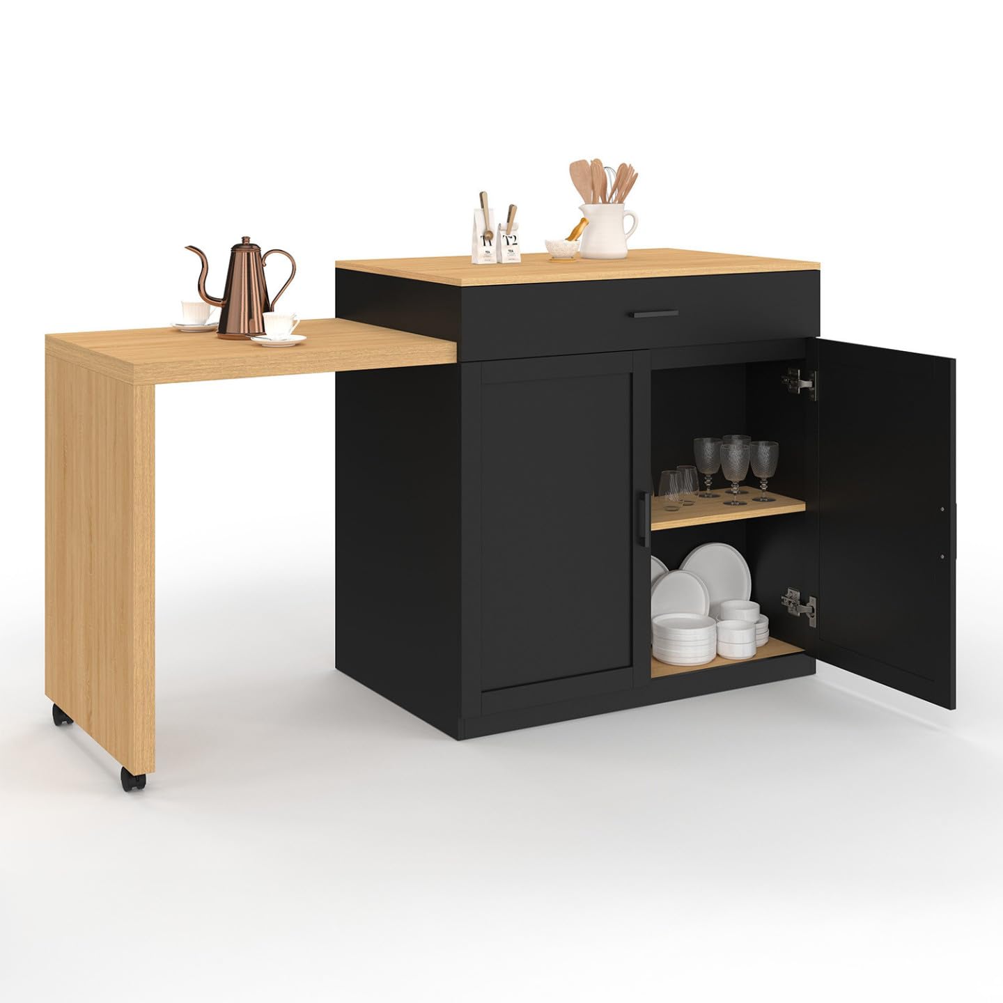 IDMarket - Ilot central VITO 94-155 cm bois noir avec table à manger extensible intégrée façon hêtre