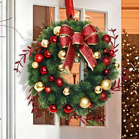 Christmas Decor - Christmas Wreaths with Bowknot, 16 Inch Christmas Wreaths for Front Door, Christmas Door Wreath with Glittering Red Gold Christmas Balls Branches for Xmas Home Outdoor Decor Cover