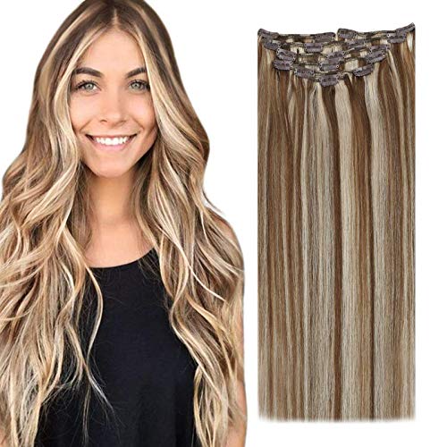 VeSunny 16inch Brazilian Blonde Human Hair Clip in Hair Extensions Full Head #8 Light Brown mixed #22 Light Blonde Highlighted Human Hair Clip in Extensions Remy Hair 7pcs 120Gram