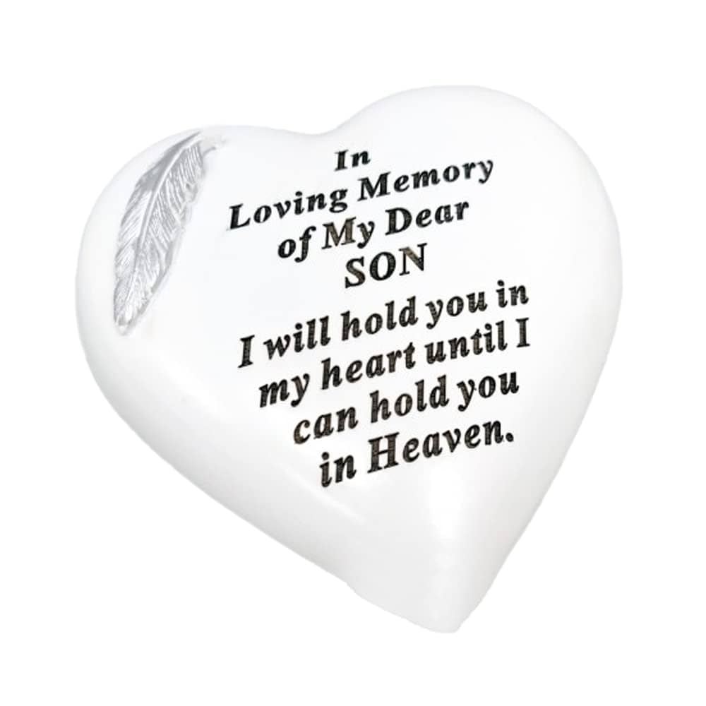 Memorial Stone Heart Plaques Grave Ornaments - Personalised Grave Decoration White & Silver Plaques With Feather- Outdoor Memorial Plaques 15 X 15cm (Mum & Dad