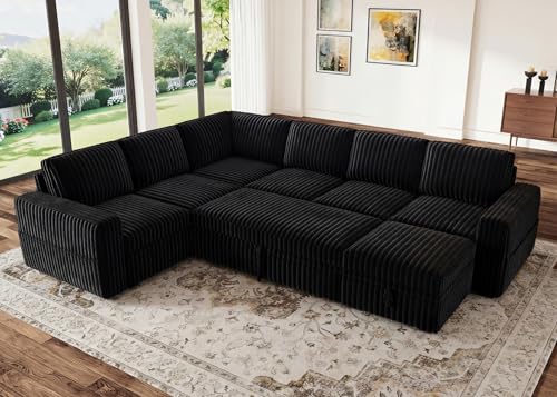 Image of HONBAY Modular Sectional Sleeper Sofa with Pull Out Bed,Corduroy U Shaped Couch with Storage, Sectional Couches for Living Room,Black