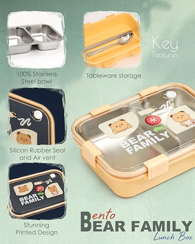 Image of Brand Conquer Lunch Box Leak-Proof BPA Free Stainless Steel for School, Lunch Box for School & Office with a Fork, a Spoon and a Pair of Chopsticks (Yellow, Bear Family 2 Compartment)