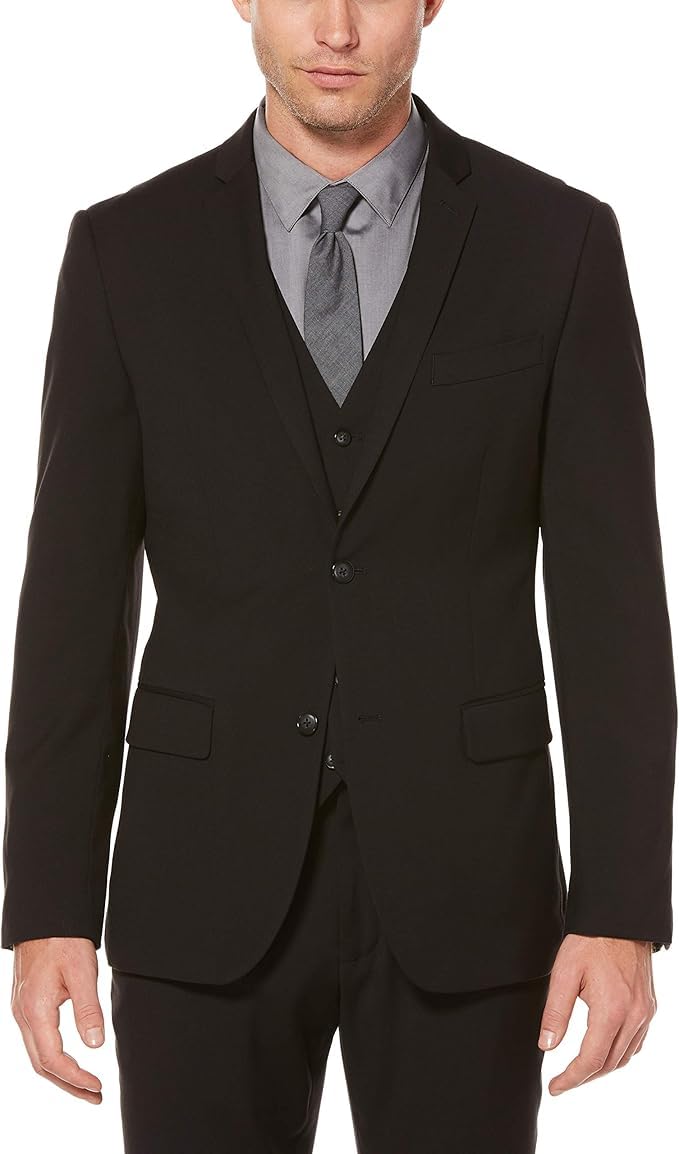 Men's Solid Stretch Suit Jacket with Chest Pocket, Two-button Closure, Two Front Flap Pockets, Textured Fabric