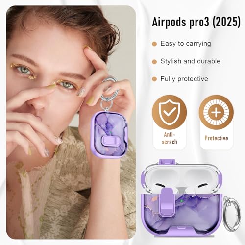 Image of Compatible Airpods Pro 3 Case (2025) with Phone Stand & Cleaner Kit,Print Soft Silicone Lock Clip Apple AirPods Pro 3rd Generation Case, Airpod Pro 3 Cover with Keychain for Women /Girls,Purple Marble
