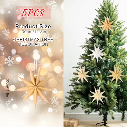 Image of 12 Inches 5 PCS Natural Beige Paper Star Lanterns Christmas Party Decorations Hanging Stars Wedding Birthday Christmas Home Party Decorations(9 Pointed)
