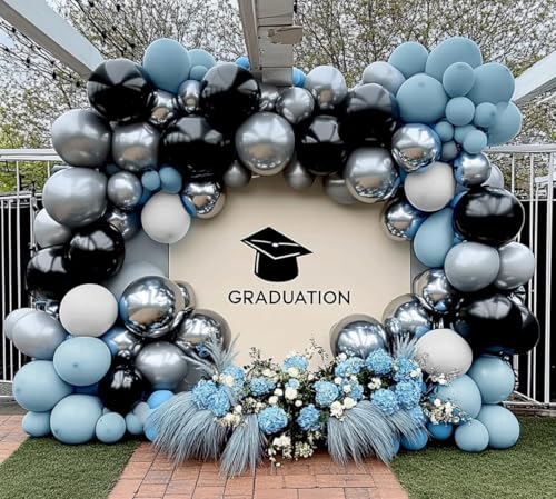 Image of Blue Black Balloon Garland Double Stuffed Dusty Blue White Balloons Black Silver Balloon Arch for Birthday Wedding Graduation Baby Shower Anniversary Party Decorations