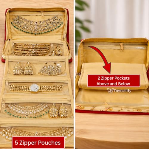 Image of Trendifly Embroidery Sling Jewellery Organiser Storage Bag Pouch for women & girls | Bank Locker jewelry Organizer | Earring Necklace Bangles Organiser for Travel & Gifting (Red)