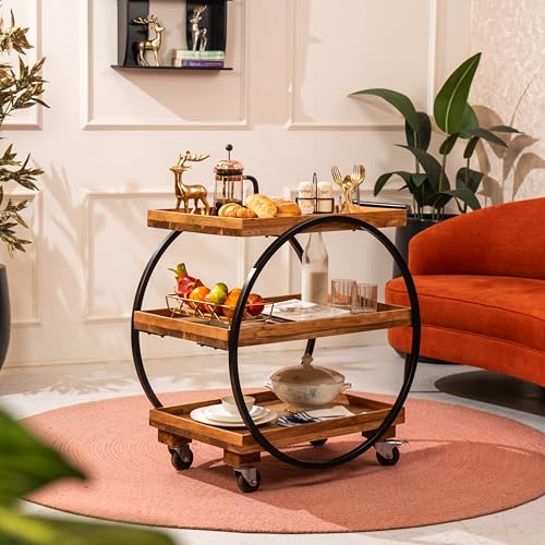 Image of DIY PopnRoll Trolley - Acacia Wood and Metal Trolley with Wheels - Multipurpose Mobile Serving Trolley for Parties, Dining, and Home Bar (32.5x19.75x32.75 inches)