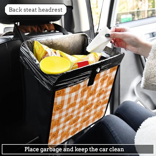Image of Car Trash Can Organizer Bin with Adjustable Strap for Back Front Seat Console Waterproof Leakproof Collapsible Portable 8.66 Inch Halloween Orange Plaid Pumpkin Heads