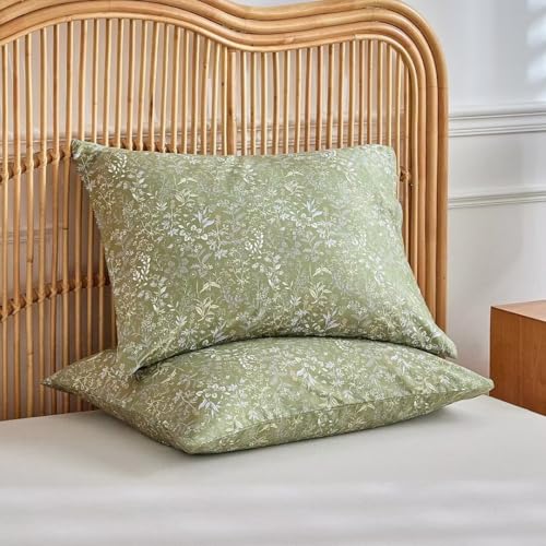 Image of MKXI Duvet Cover Queen Size Boho Bedding 100% Cotton Reversible Floral Duvet Cover Set with Zipper, Soft & Breathable Army Green Bedding Set Botanical Wildflower Duvet Covers