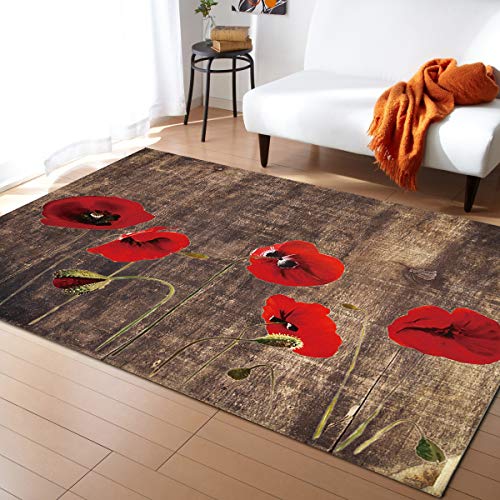 Greday 2'7''X 5' Red Flower Area Rug,Old Wooden Grain Poppy Floral Outdoor Indoor Washable Carpet Area+Rug For Living Room,Kids/Boys/Girls Bedroom,Bathroom,Classroom,Kitchen,Hallway,Throw Floor Mat #TOP18