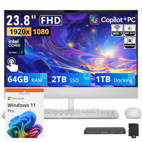 Image of Dell 23.8 inch FHD Touch All-in-One Desktop, Intel Core Ultra 7 355, 64GB DDR5, 3TB Storage (2TB SSD+1TB Docking Station), Wireless Keyboard & Mouse, Copilot+ PC, Wi-Fi 7, FHD IR Camera, Win11 Pro, White