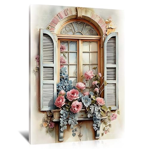 Framed Window View Wall Art with Fresh Flowers High Resolution