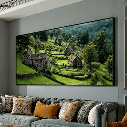 Toile décor de colline verdoyante avec cadre intérieur bois de qualité premium