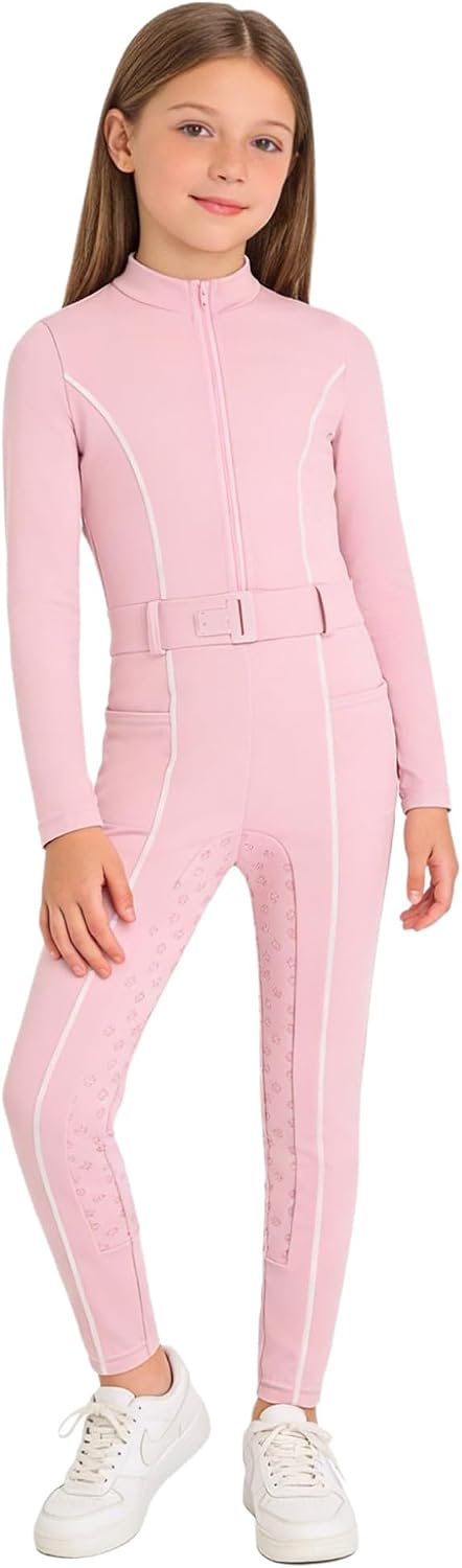 Hansber Kids Horseback Riding Rompers Silicone Knee Patch Stretch Equestrian Breeches Jumpsuit for Schooling