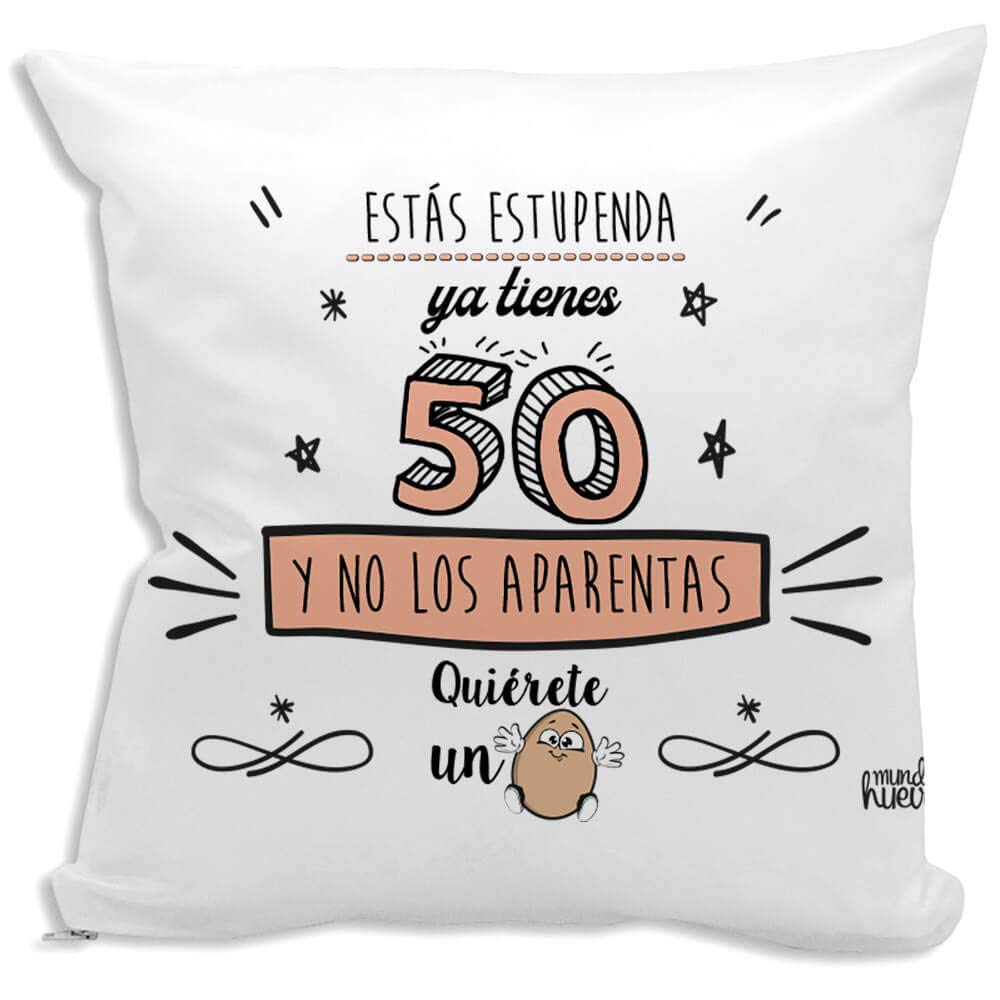 Cojin decorativo, original y personalizado para regalo, ideal para cumpleaños y eventos. Incluye relleno. Ya tienes 50 y no lo aparentas. 42,5 X 42,5 cm. Cojines con agradable tacto de algodon.