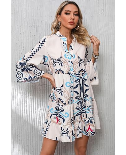 SELINK Womens Long Sleeve Dresses Casual V Neck Tribal Print Button Flowy Boho Mini Beach Dress4