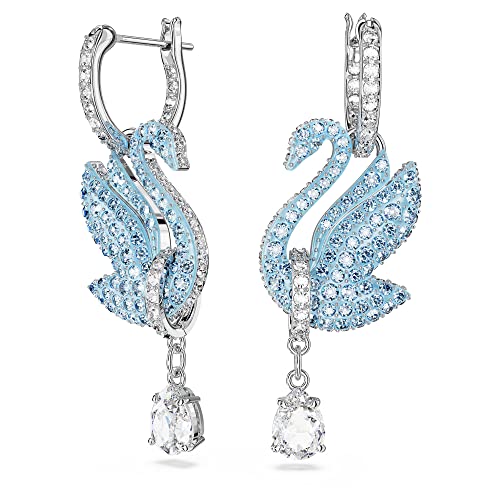 Swarovski Swan Drop Earrings, Rhodium Finished Swan Motif with Blue Pavé and Clear Stones, Part of the Swarovski Swan Collection