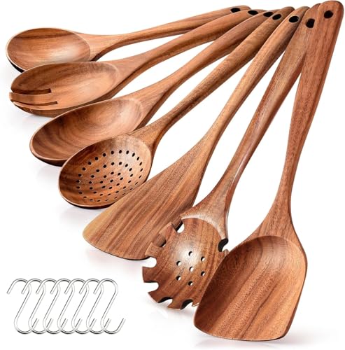 Teak Wooden Spoons for Cooking, 7-Piece Cooking Utensils Set with 7 Hooks, Spatul, Colander, Salad Fork, Salad Spoon, Mixing Spoon, Round Spoon for Kitchen and Restaurant