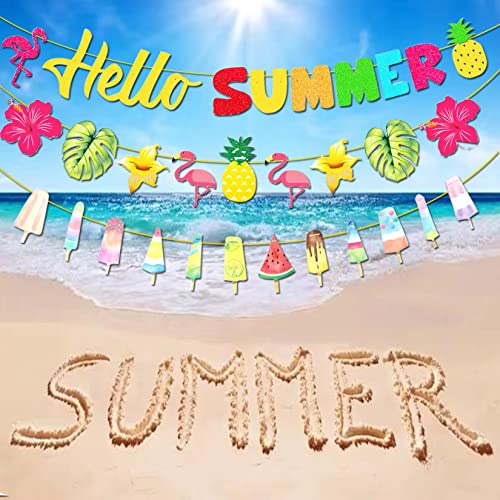 Hello Summer Welcome Banner, Luau Pool Party Decorations Supplies Hawaiian Beach Banner Topical Garland Ice Cream Themed Birthday Party Decor For Outside Tree #TOP4