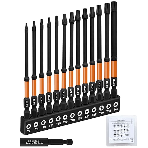 Bretreead 4 Long Impact Torx Bit Set 13pcs (TT7-TT40) S2 Steel Security Torx Bit Set CNC Machined Tips tamper proof star bits 1/4 Hex -Shank torx bits with magnetic bit holder and Storage Box