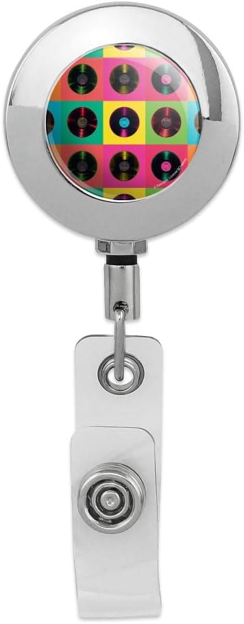 Vinyl LP Records Rainbow Colored Background Retractable Reel Premium Metal Chrome Badge ID Card Holder Clip