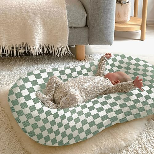 Image of guruixu Muslin Baby Lounger Cover 2 Pack, 100% Cotton Infant Lounger Cover, Soft & Breathable Replacement Slipcover, Compatible with Snuggle Me Newborn Lounger (Roman Green,Green Check)
