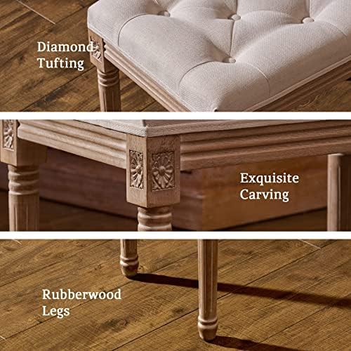 VONLUCE Extra Long Vintage Upholstered Bench with Padded Seat | Tufted Entryway Bench Dining Bench Seat & Footstool | French Rustic Ottoman Bench for Bedroom Living Room Hallway More, Beige