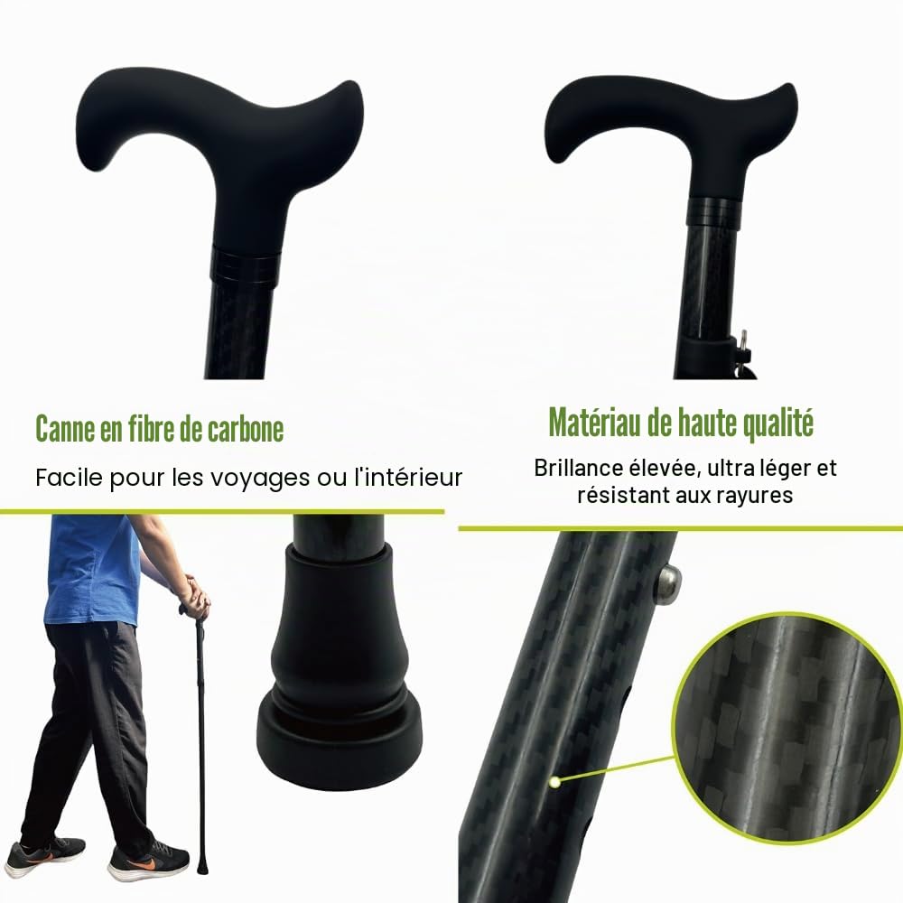 Carbon Fibre 4-Part Folding Adjustable Walking Stick Cane for Men, Ladies and Women with Soft Grip Handle - 33.5” to 37.5” Lightweight