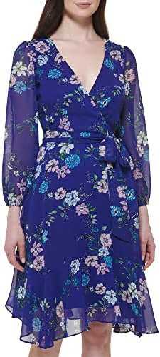 Jessica Howard Women's Petite Style Hankerchief Hem Wrap 3/4 Sleeve Printed Chiffon, Royal