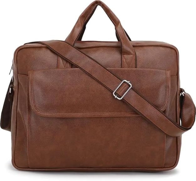 Image of Faux Leather Office Laptop Bag for Men - 15.6 Inch Briefcase Messenger Bag with Shoulder Strap | Professional Business Travel Bag with Front Pocket & Handle