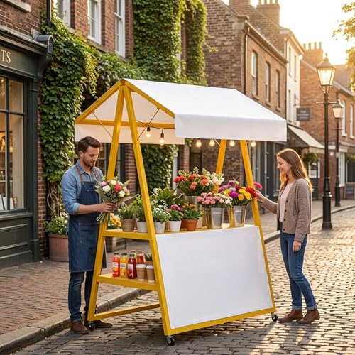 Carrello pieghevole del venditore con baldacchino, bancarotta portatile sul mercato delle ruote per i mercati degli agricoltori, fiere dell'artigianato, vendita di cibo di strada. Robusto telaio in fe
