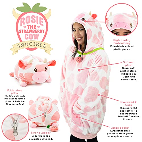 Image of Wearable Blanket Hoodie for Adults - Oversized Plush Hoodie with Sleeves & Pocket, 2-in-1 Comfy Blanket Pillow, Strawberry Cow