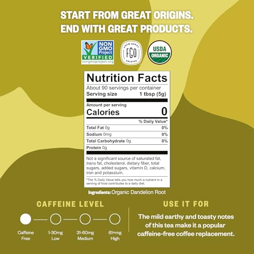 Image of FGO Organic Dandelion Root Loose Tea, Cut and Sifted, Caffeine Free, 16oz Bulk Resealable Bag, Packaging May Vary (Pack of 1)