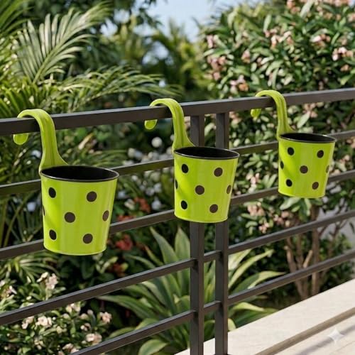 Image of Premium Hook Planter with Inner Pot | Polka Dot Hanging Planter for Balcony & Railings | Sturdy Plastic | Built-in Drainage | Vibrant Colours | Indoor & Outdoor Gardening (3, Green)