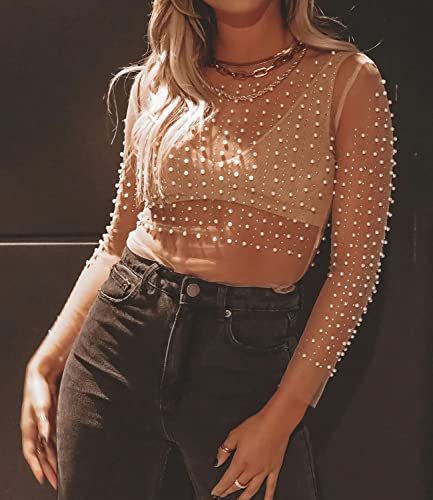 Women's Sheer Mesh Pearl Crop Top Shiny Rhinestone Long Sleeve Cover Up Blouses2