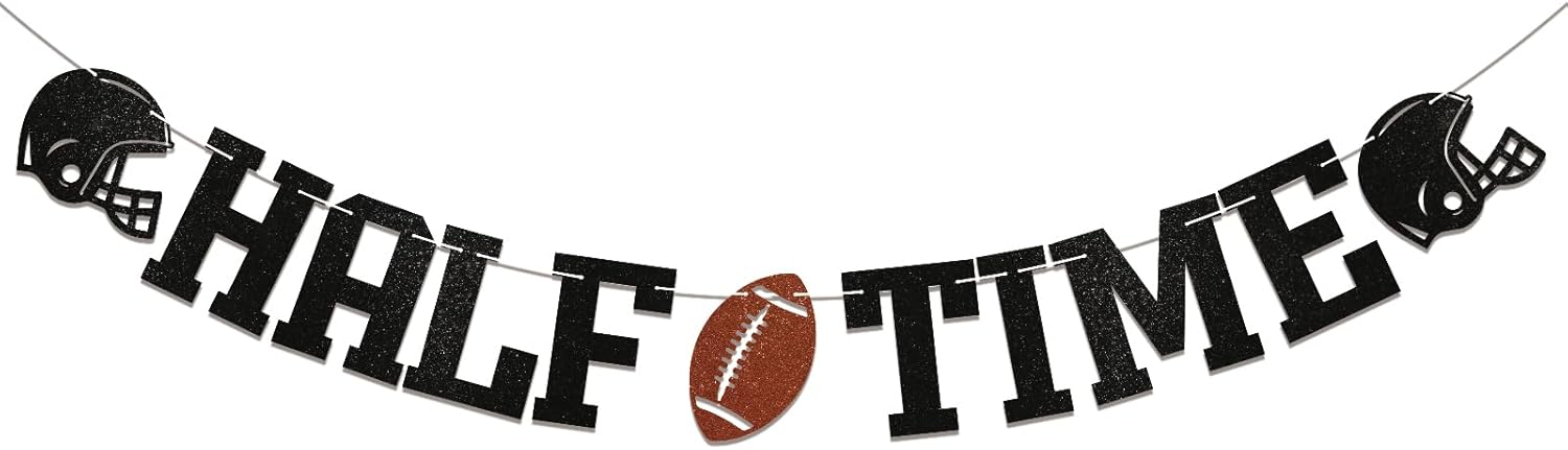 Football Half Time Banner - Birthday Party Decorations, Half Way to One Banner for Boy, Black Glitter