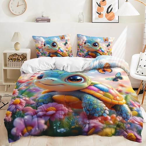 AILONEN Kids Cute Kawaii Turtle Duvet Cover Set Full Size,Beautiful Flower Turtle Bedding Set,3-Piece Soft Microfiber Lovely Quilt Cover with 2 Pillowcases