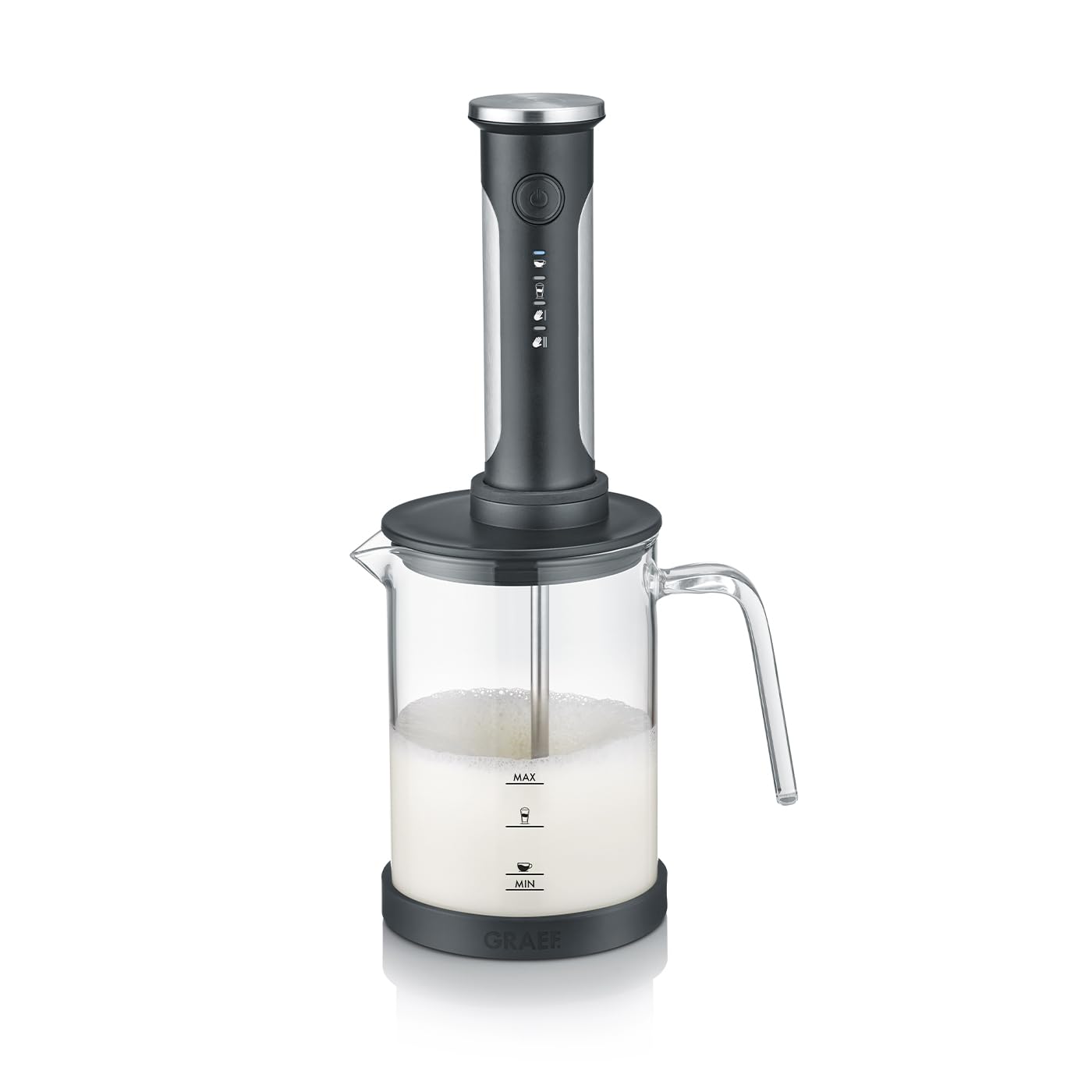 Espumador de leche sin cable GRAEF MS202EU Negro, agitar, espumar y mezclar, jarra de leche de cristal, manejo sencillo e intuitivo con un solo botón, 4 funciones, fácil de manejar con un solo botón