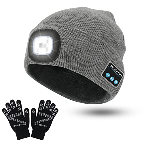 V5.0 Gorro con LED Bluetooth, CestMall Music Knit Sombreros con Guantes Antideslizantes, 3 Modos y 4 Faros LED, Gorros Recargables USB Lavables Gorro de Invierno cálido con Linterna de Punto