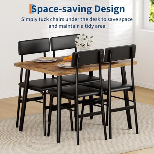 Image of IDEALHOSUE Dining Table Set for 4, 5 Piece Kitchen Table Set with 4 Upholstered Chairs, Breakfast Table for Samll Space, Dining Room, Apartment, Restaurant, Rustic Brown