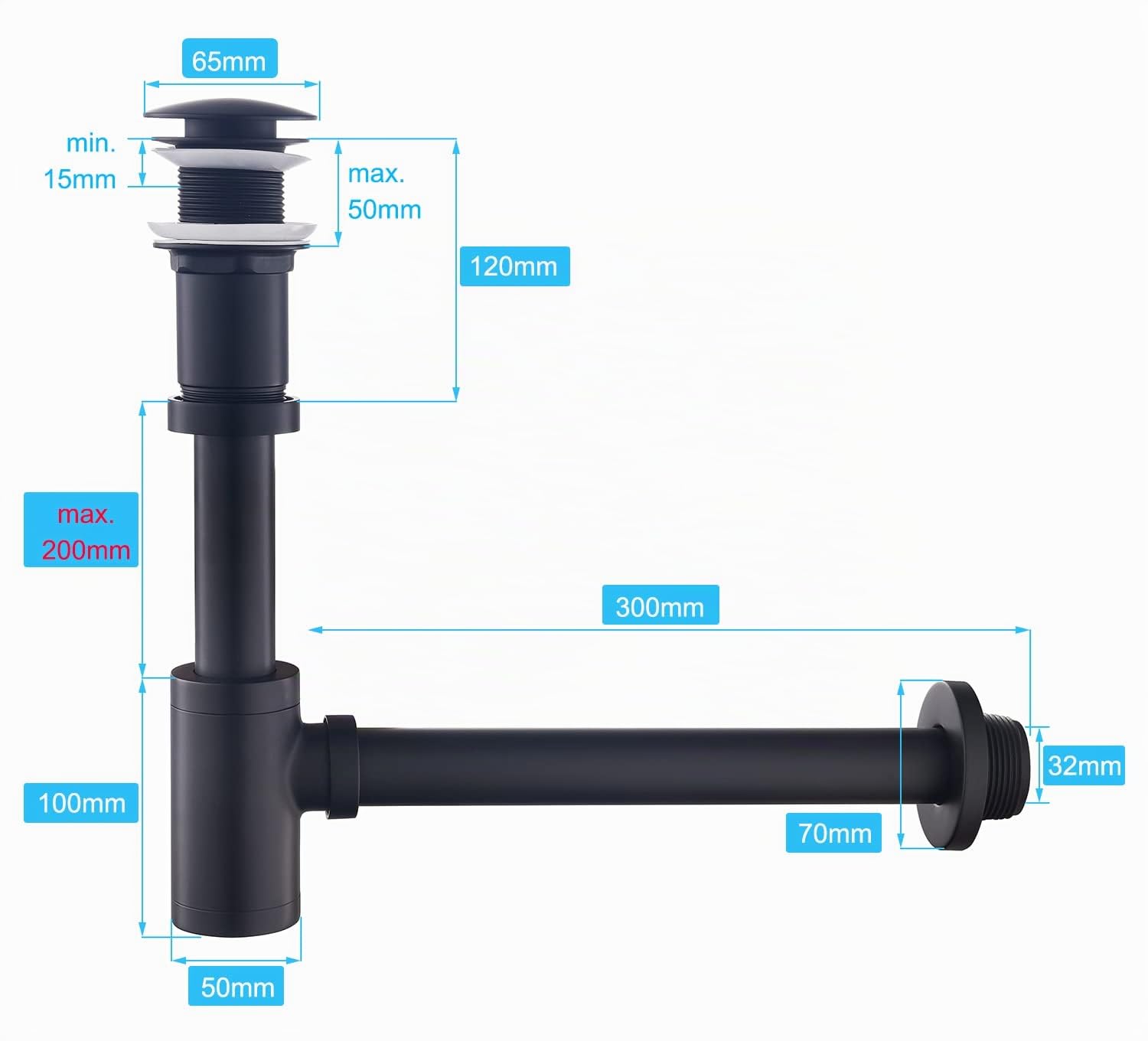 Kit – Siphon avec Bonde sans Trop-plein pour Lavabo Noir mat, Laiton Universel Design Siphon Anti-Odeur, 1 1/4 Syphon Sifon