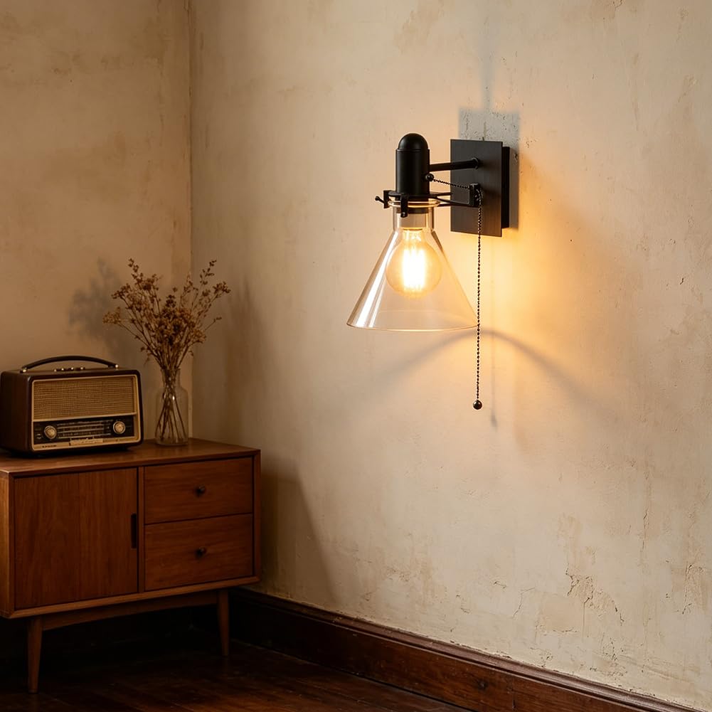 Retro Wandlampe mit Zugschalter Glas Schirm Innen Wandleuchte Schalter Schwarz Metall Vintage Industrie Wand Leselampe E27 Fassung Rustikal für Wohnzimmer Korridor Schlafzimmer
