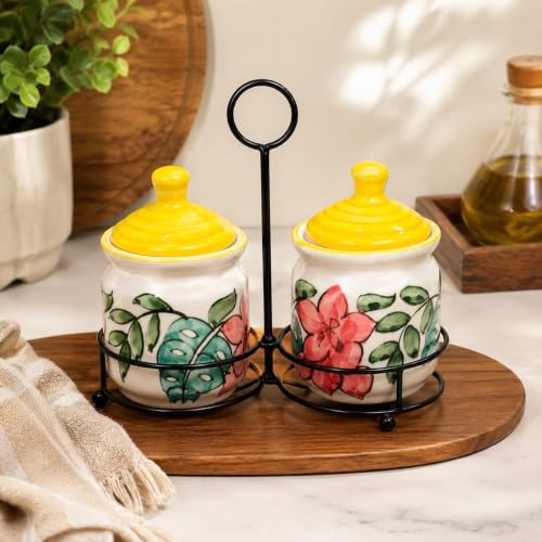 Image of Niyara Multipurpose Storage Ceramic Pickle set Jars & with Lid & tray (Set of 2, 300 ML) (YELLOW FLOWER)