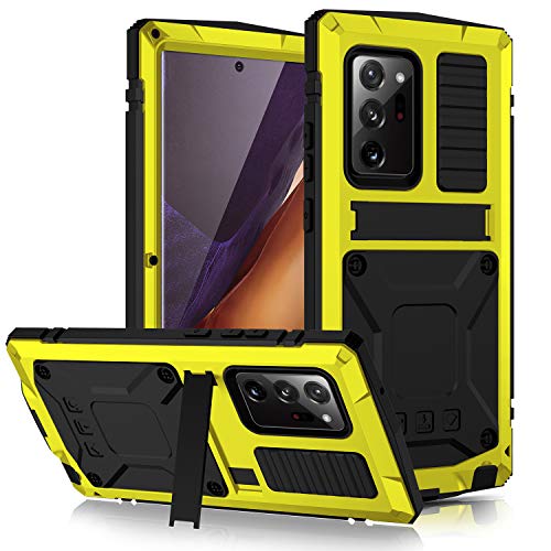 Super Sale 🛒 HATA Samsung Note 20 Ultra Metal Military Heavy Duty case, Note 20 Ultra Rugged Drop Tested Case with Built-in Screen Protector Kickstand Sturdy Full Body Cover for Man Outdoor (Yellow, Note 20 Ultra)