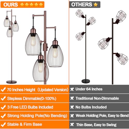 Image of Dimmable Floor Lamp, 3 x 800LM LED Edison Bulbs Included, Farmhouse Industrial Floor Lamp Standing Lamp with Elegant Teardrop Cage Head Tall Lamp for Living Room Bedroom Office Dining Room - Brown